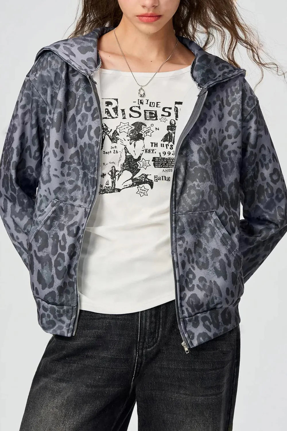 Pocketed Leopard Zip Up Hooded Jacket - Image 3
