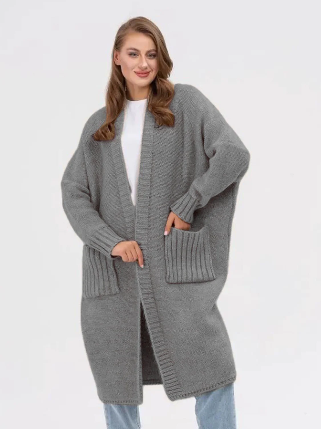 Pocketed Open Front Long Sleeve Longline Cardigan - Image 11