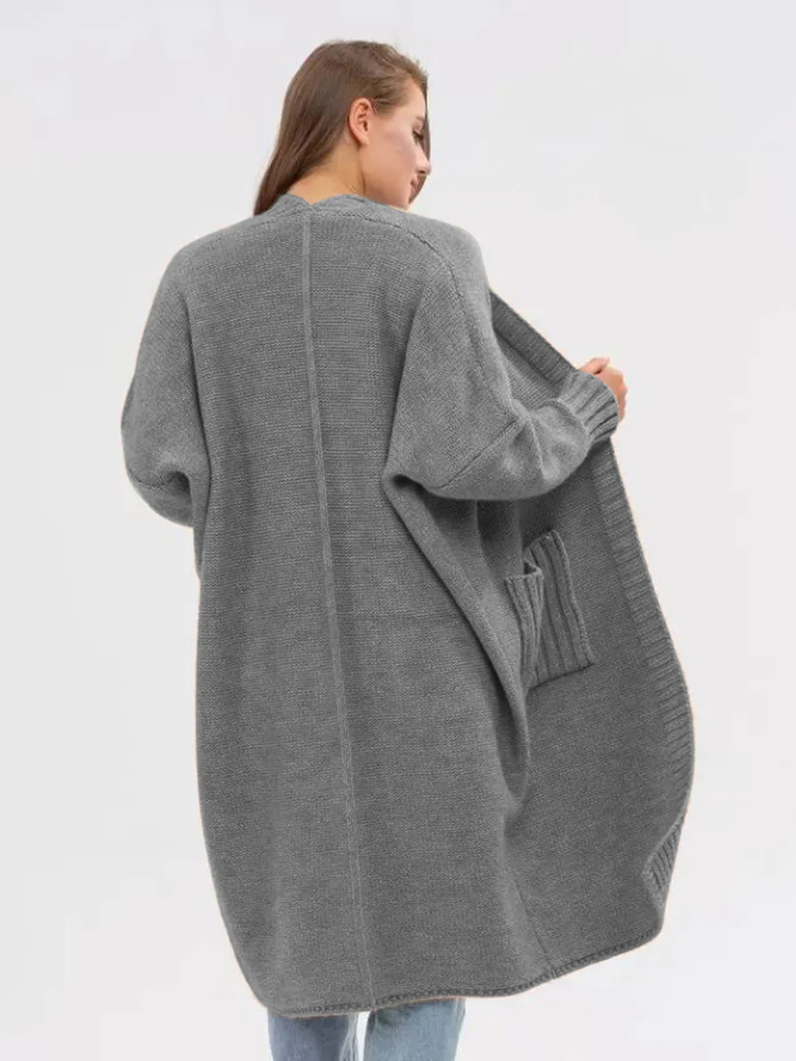 Pocketed Open Front Long Sleeve Longline Cardigan - Image 13