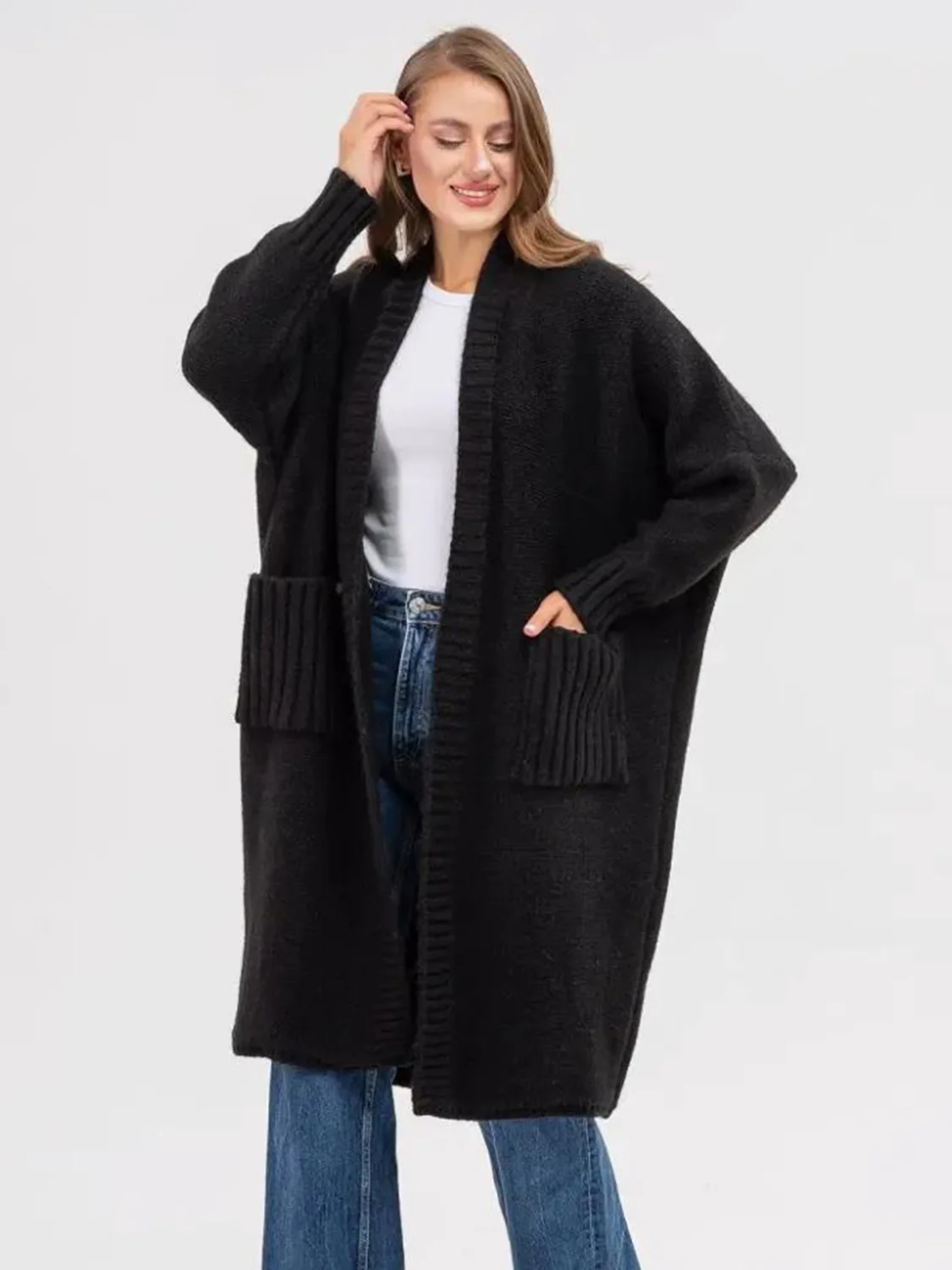 Pocketed Open Front Long Sleeve Longline Cardigan - Image 14