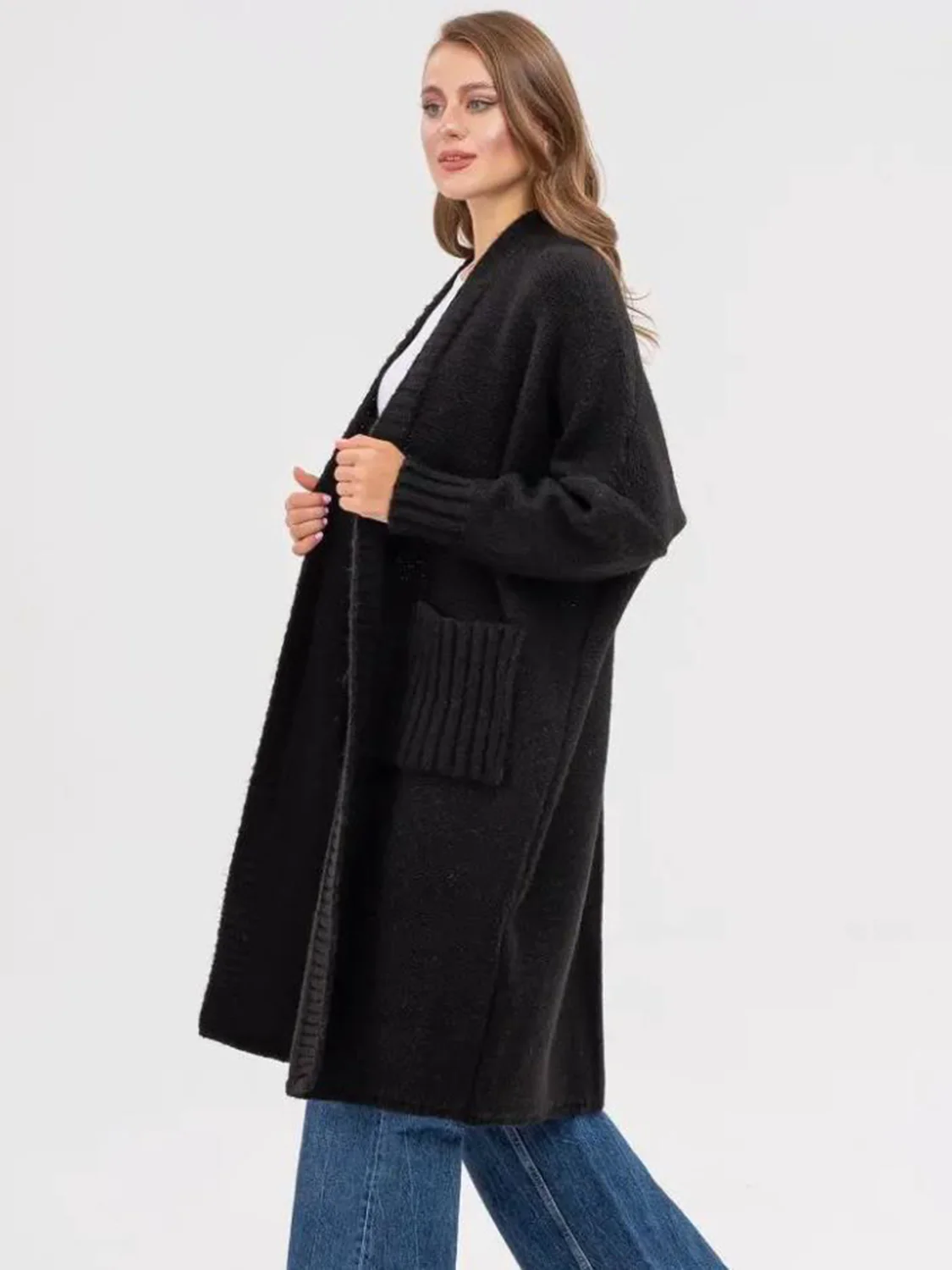 Pocketed Open Front Long Sleeve Longline Cardigan - Image 15