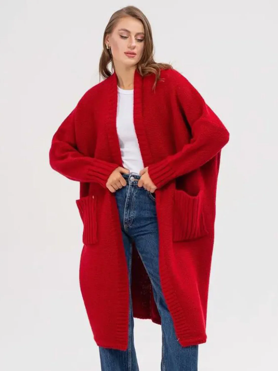 Pocketed Open Front Long Sleeve Longline Cardigan - Image 17