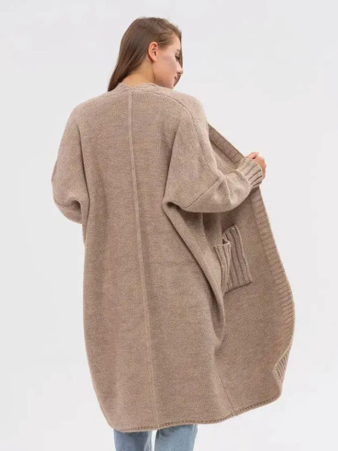 Pocketed Open Front Long Sleeve Longline Cardigan - Image 2