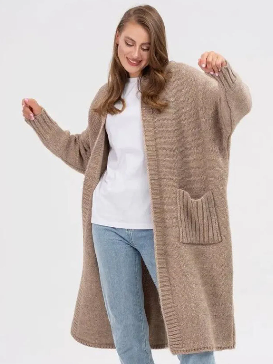 Pocketed Open Front Long Sleeve Longline Cardigan - Image 3