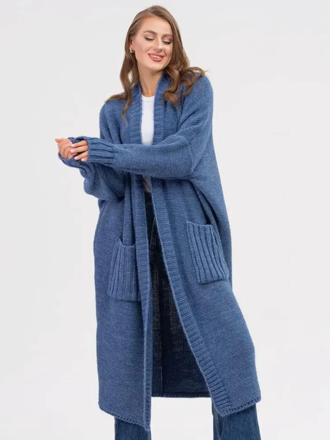 Pocketed Open Front Long Sleeve Longline Cardigan - Image 5