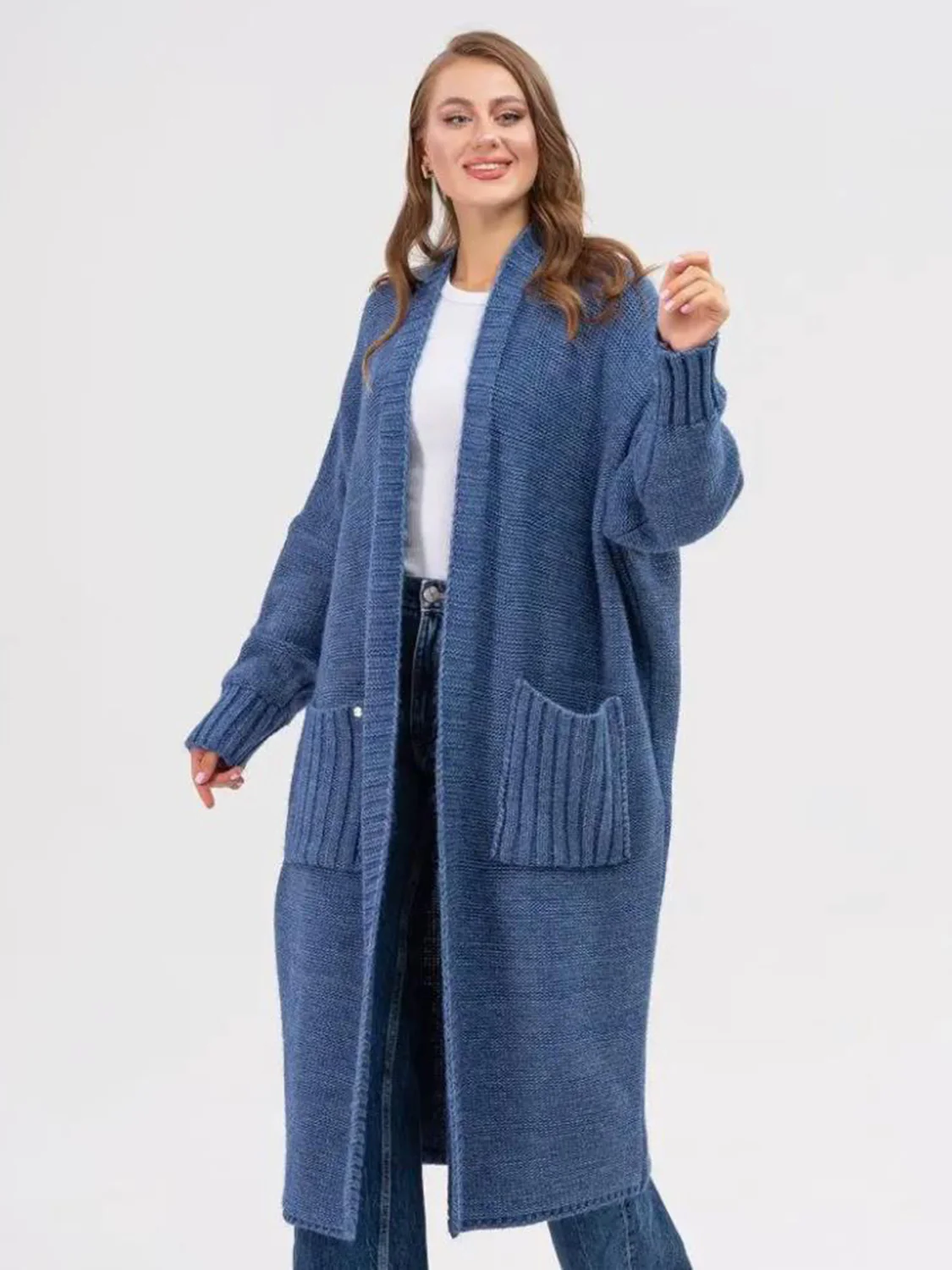 Pocketed Open Front Long Sleeve Longline Cardigan - Image 6