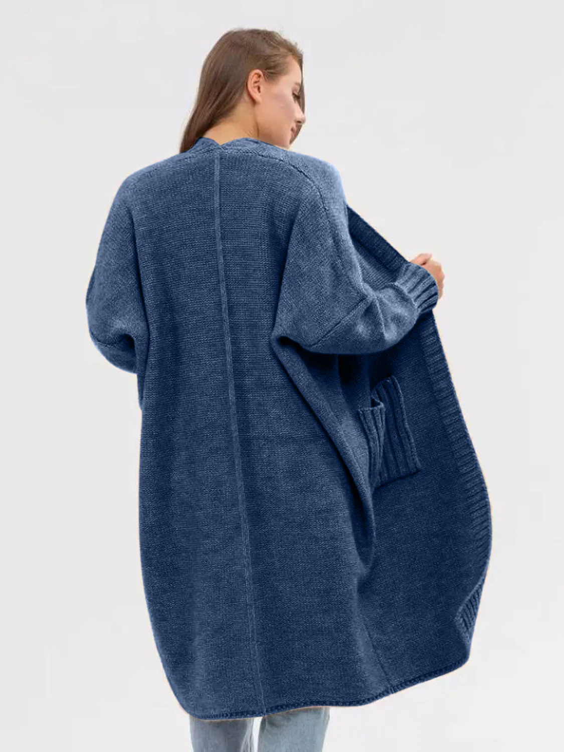 Pocketed Open Front Long Sleeve Longline Cardigan - Image 7