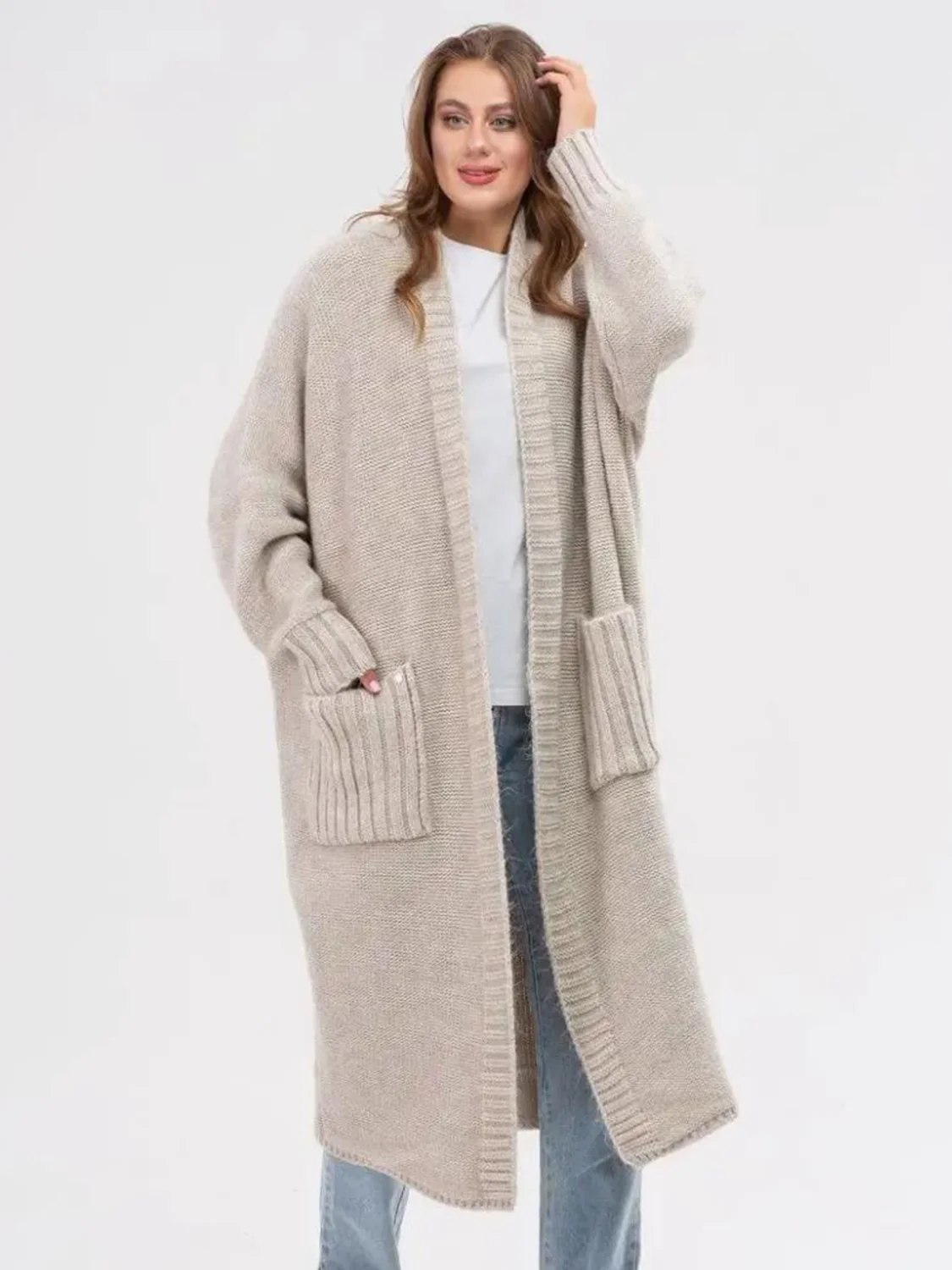 Pocketed Open Front Long Sleeve Longline Cardigan - Image 8