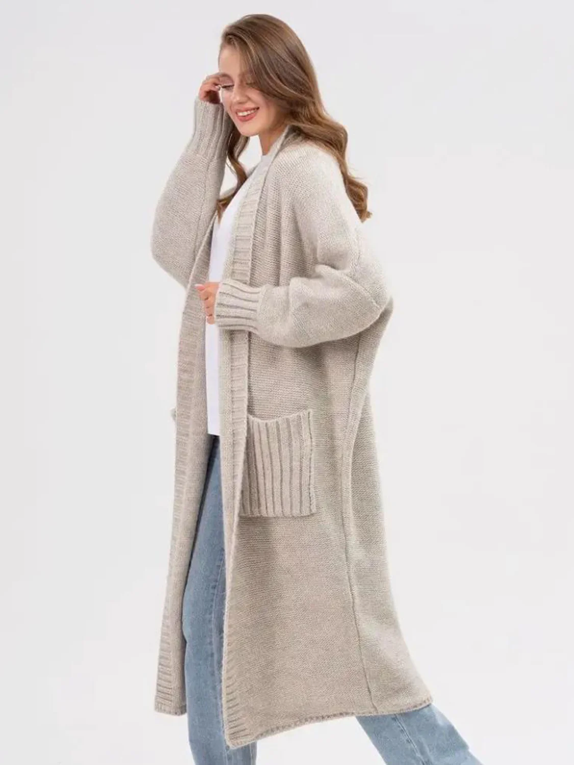 Pocketed Open Front Long Sleeve Longline Cardigan - Image 9