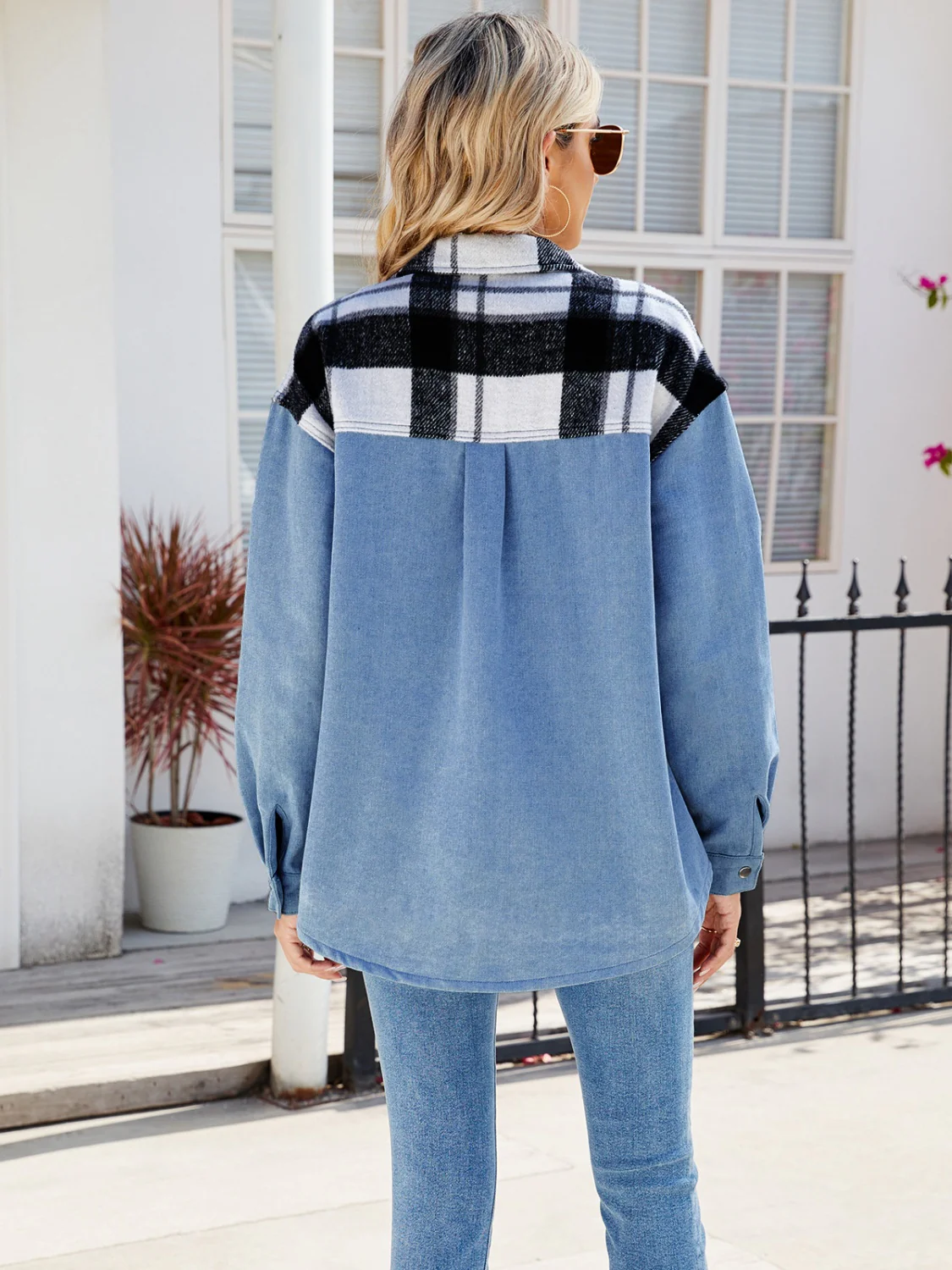 Pocketed Plaid Snap Down Denim Jacket - Image 2