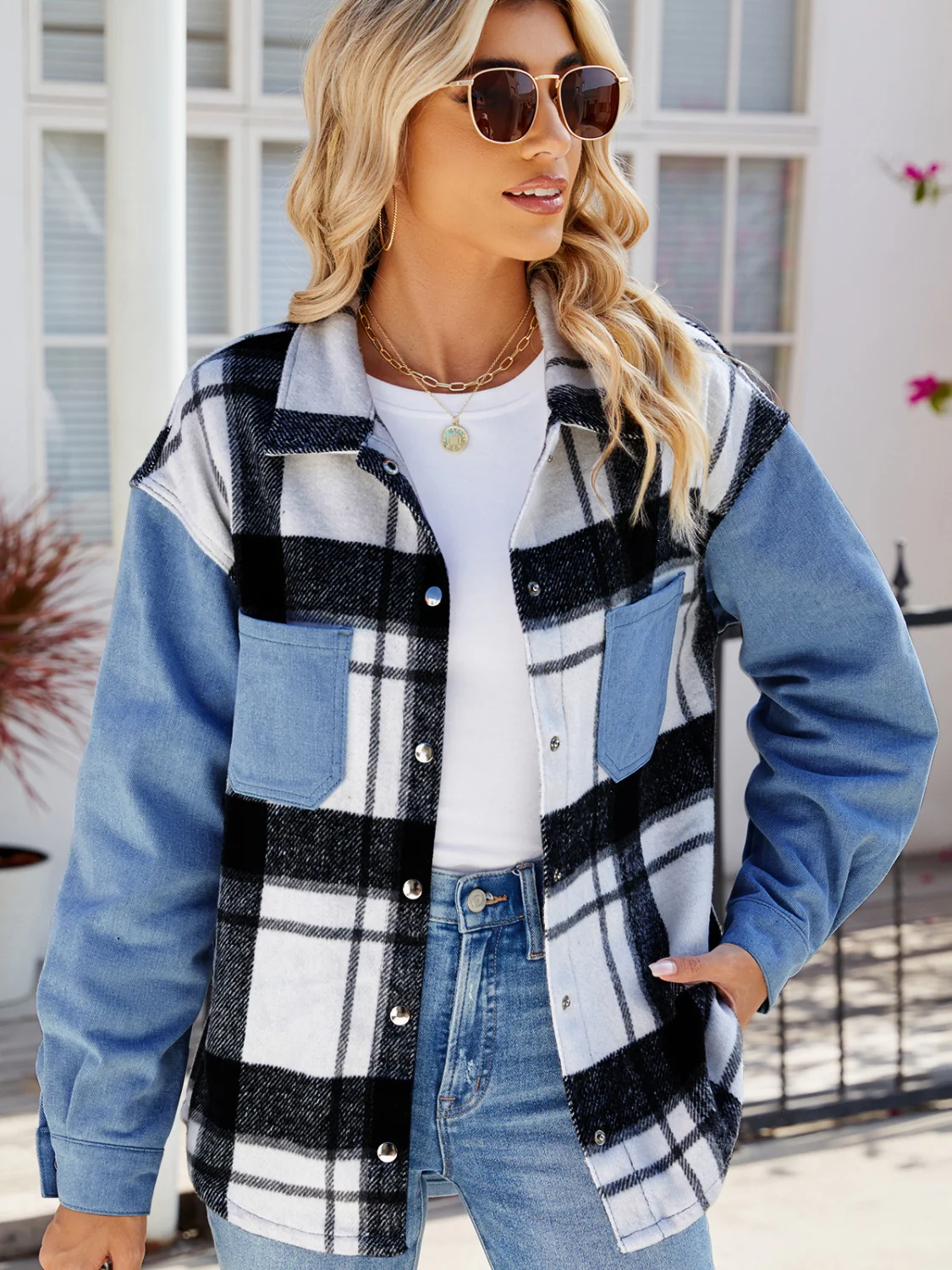 Pocketed Plaid Snap Down Denim Jacket - Image 3