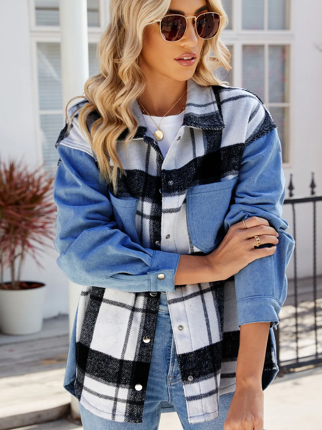 Pocketed Plaid Snap Down Denim Jacket - Image 5
