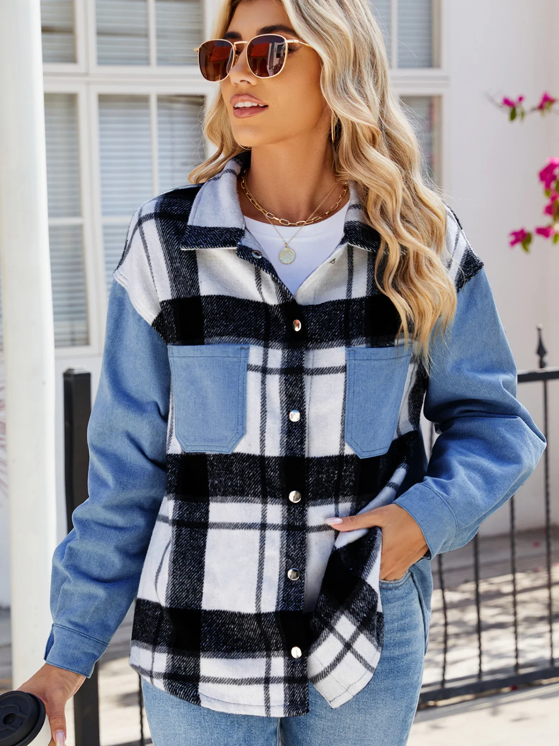 Pocketed Plaid Snap Down Denim Jacket - Image 6