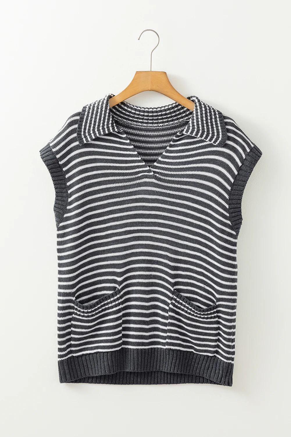 Pocketed Striped Johnny Collar Sweater Vest - Image 2