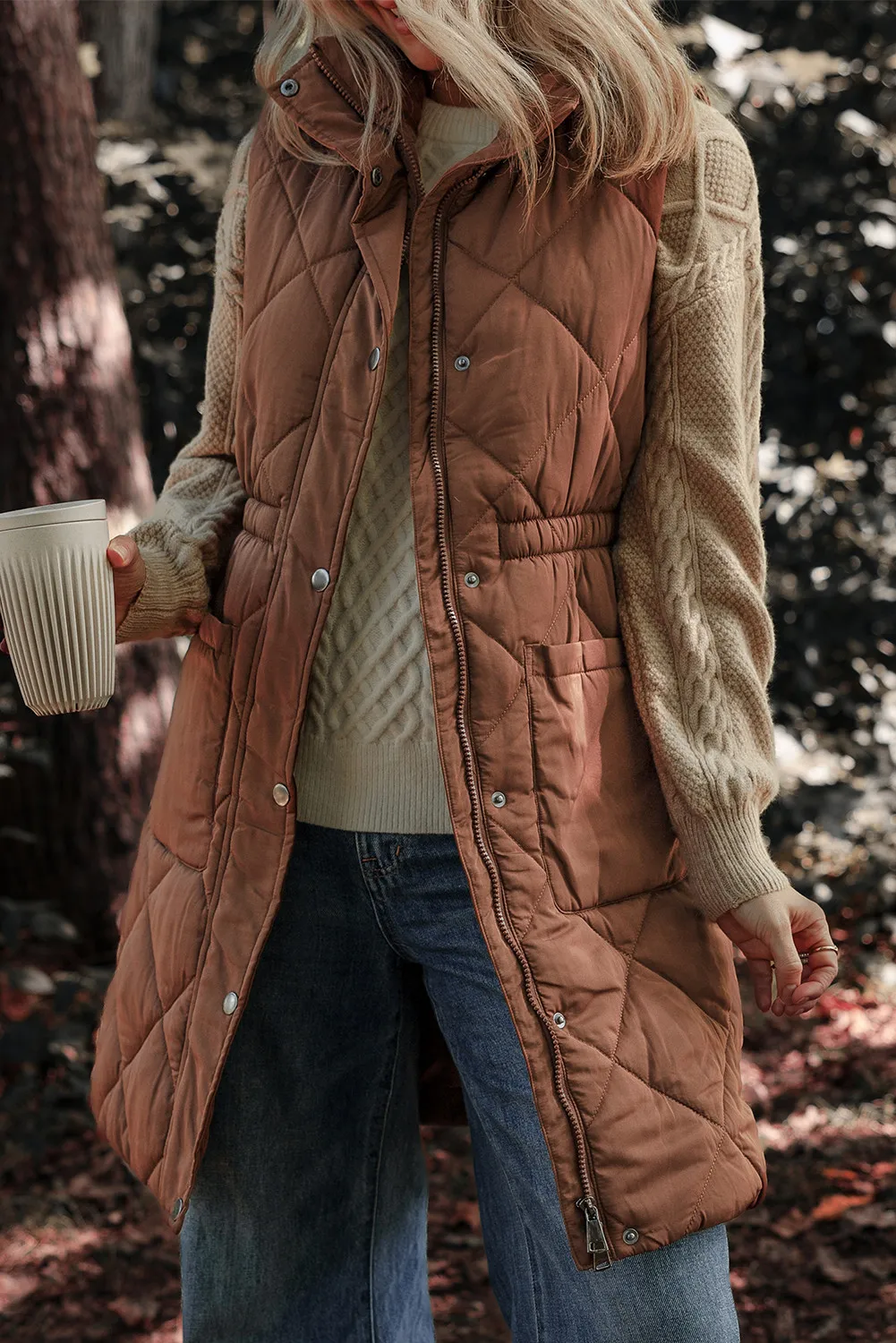 Pocketed Zipper and Button Vest Coat - Image 2