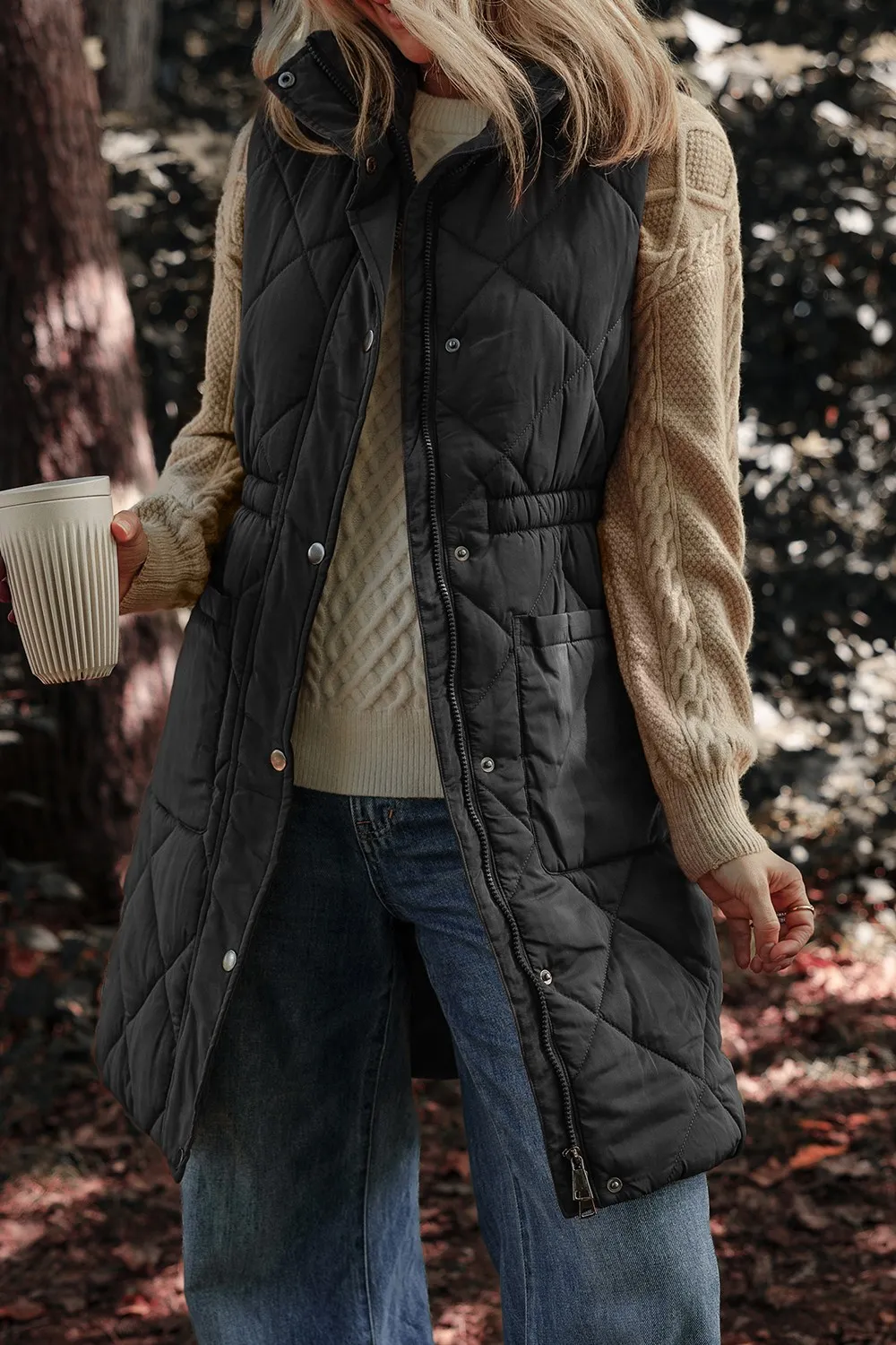 Pocketed Zipper and Button Vest Coat - Image 7