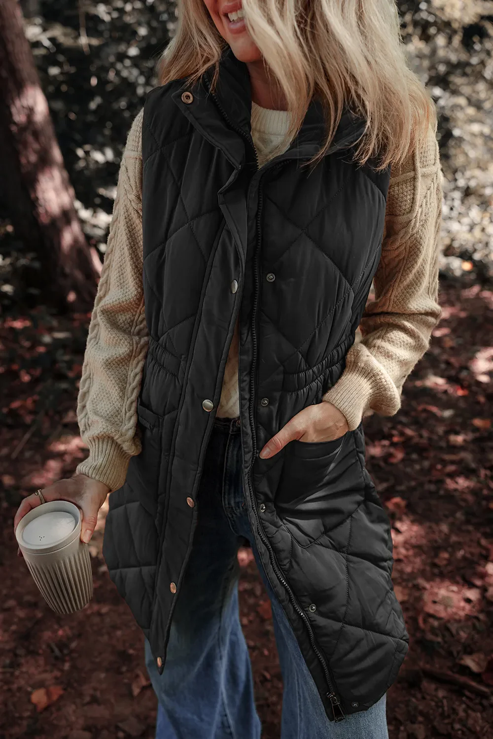 Pocketed Zipper and Button Vest Coat - Image 8