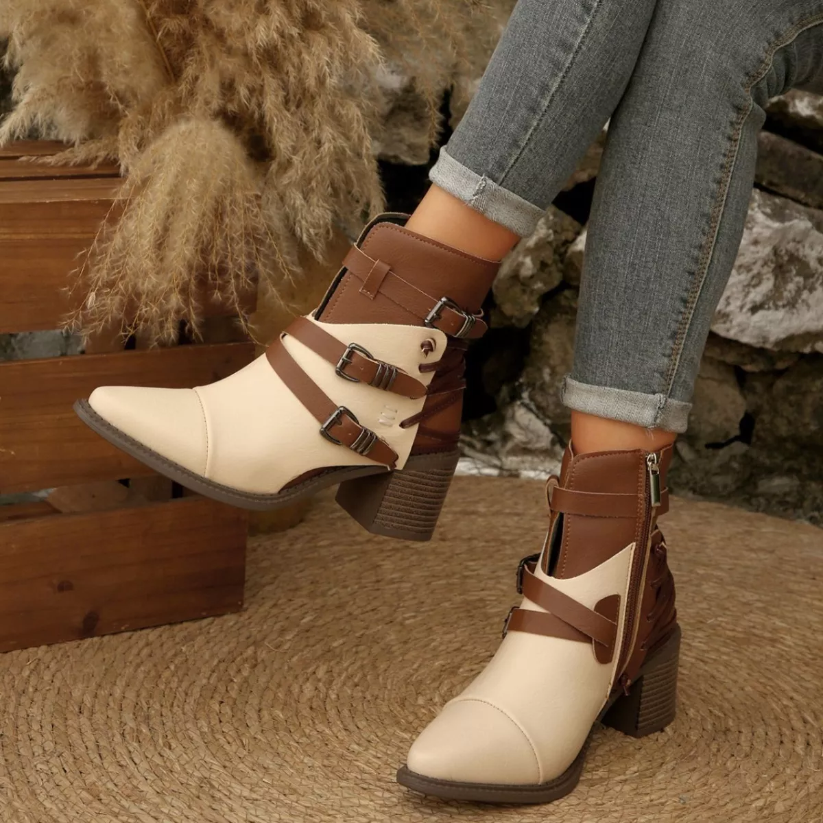 Point Toe Buckle Strap Ankle Boots with Block Heels - Image 10