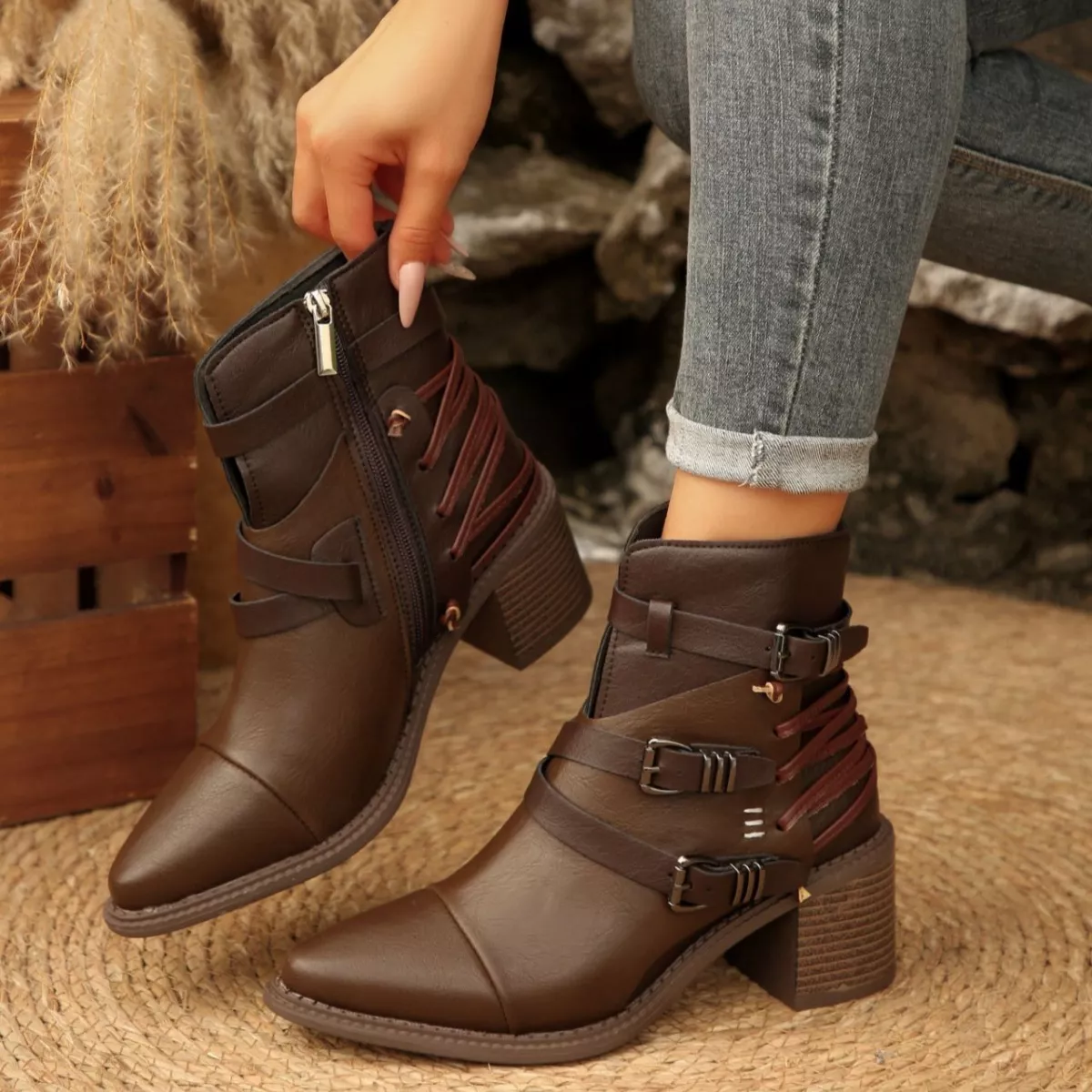 Point Toe Buckle Strap Ankle Boots with Block Heels - Image 2