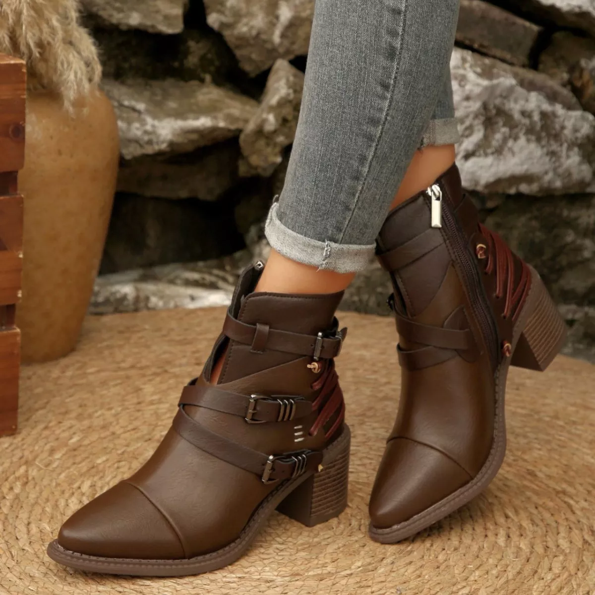 Point Toe Buckle Strap Ankle Boots with Block Heels - Image 3