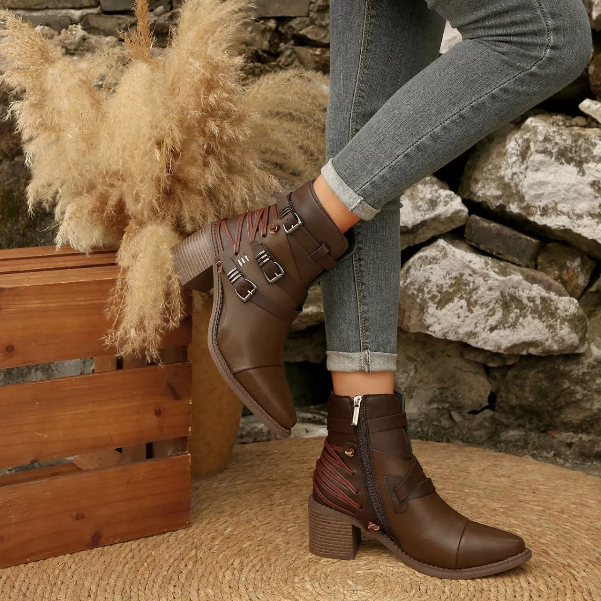 Point Toe Buckle Strap Ankle Boots with Block Heels - Image 4
