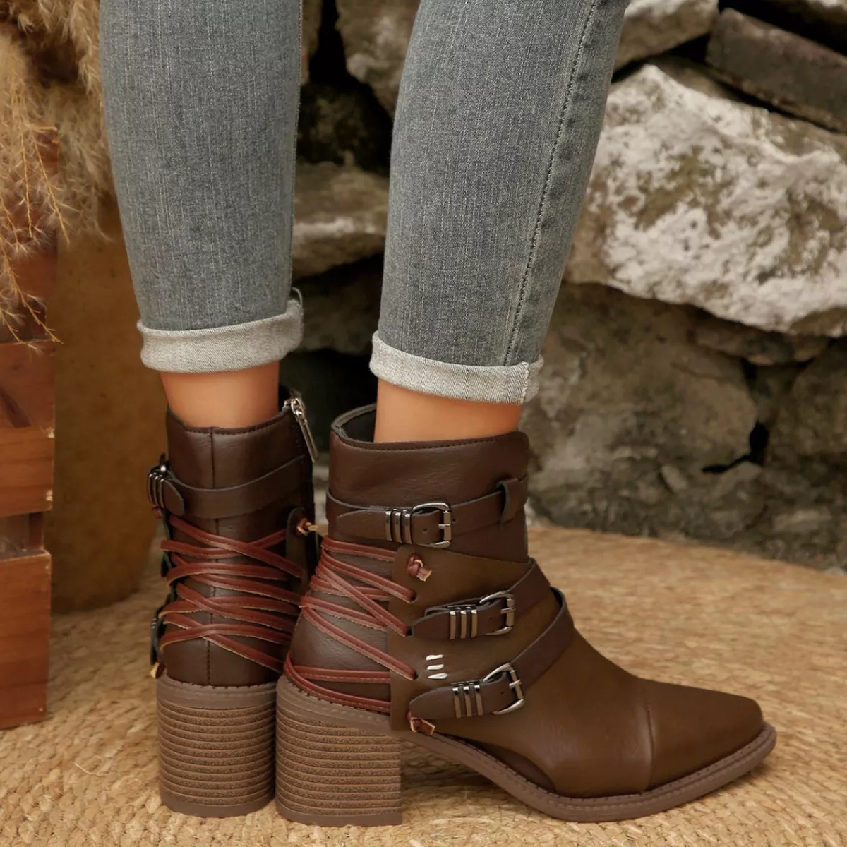 Point Toe Buckle Strap Ankle Boots with Block Heels - Image 5