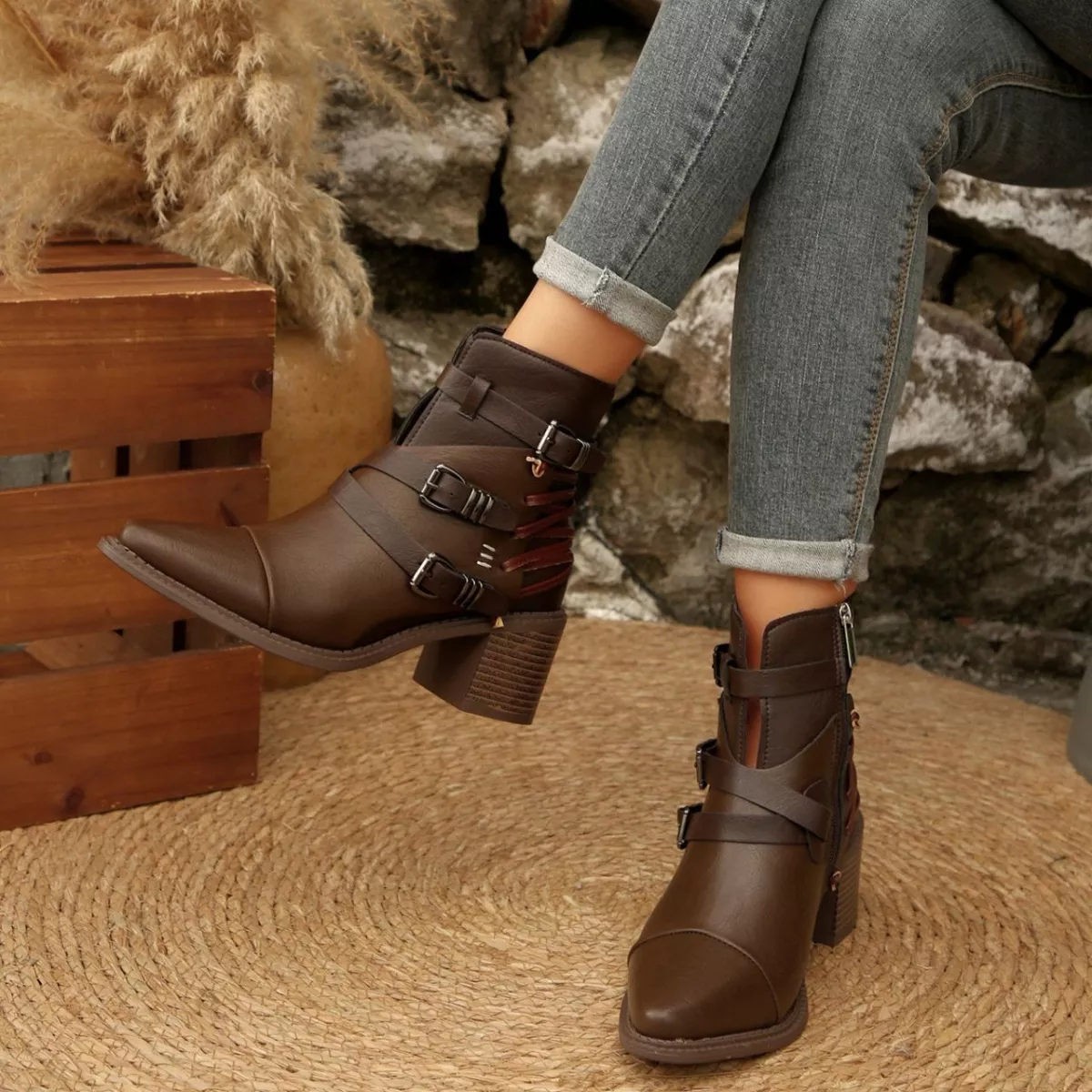 Point Toe Buckle Strap Ankle Boots with Block Heels - Image 7