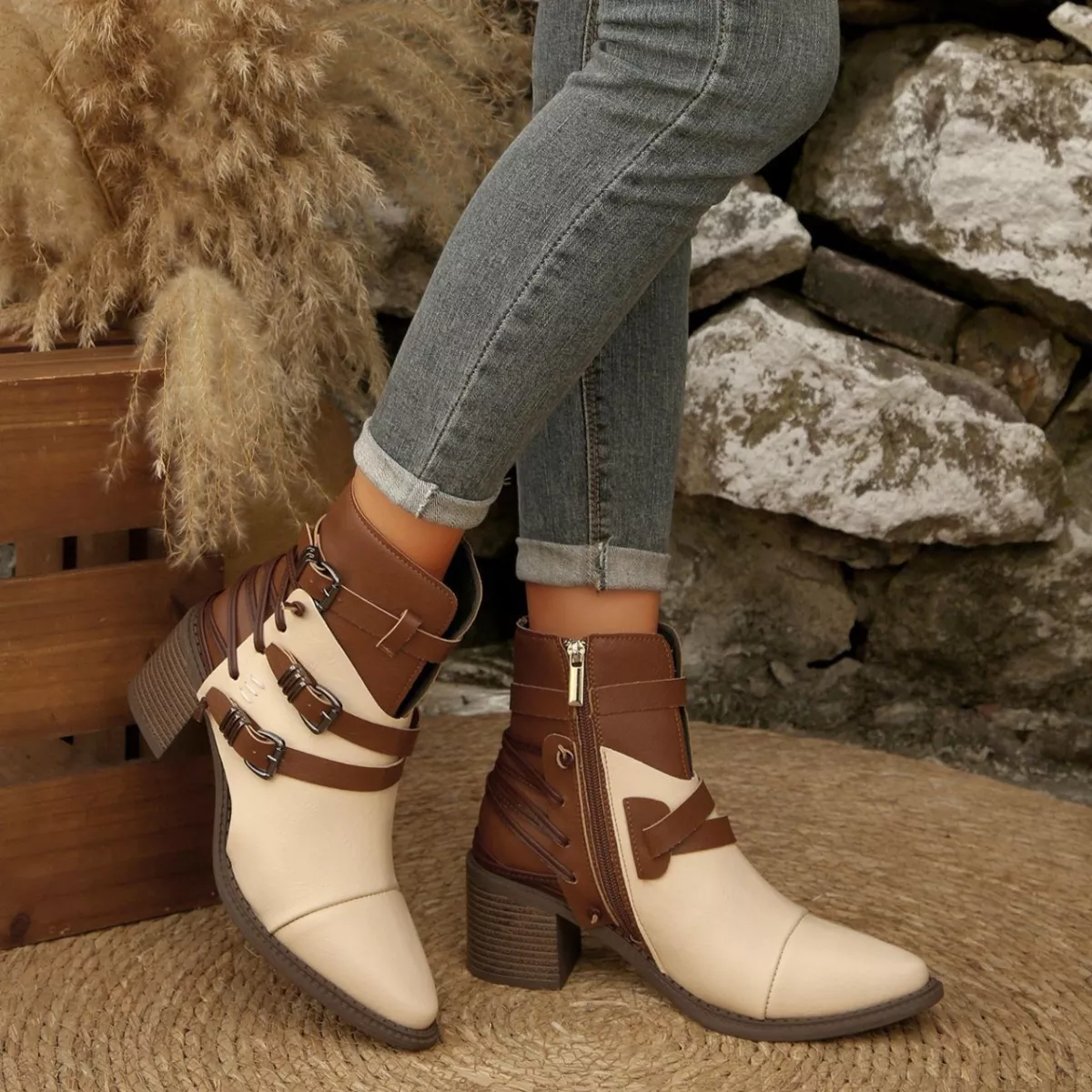 Point Toe Buckle Strap Ankle Boots with Block Heels - Image 9