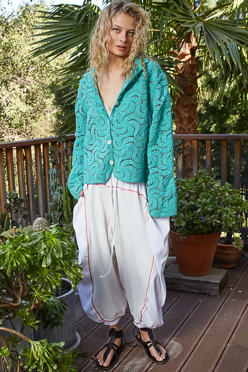 POL Button Down Crochet Openwork Shirt - Image 3