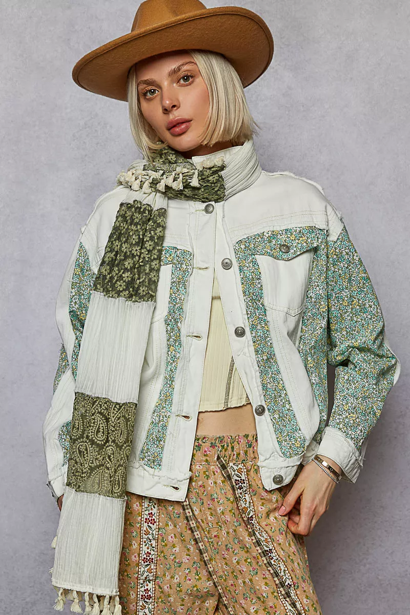 POL Button Down Patchwork Denim Jacket with Floral Print Details