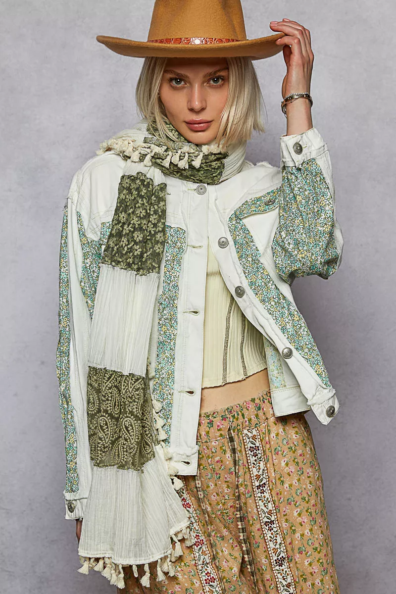 POL Button Down Patchwork Denim Jacket with Floral Print Details - Image 2