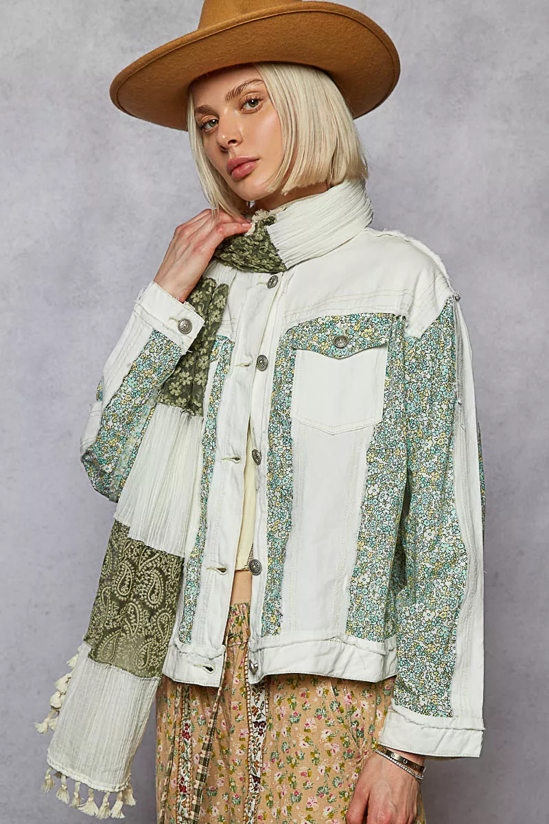 POL Button Down Patchwork Denim Jacket with Floral Print Details - Image 3