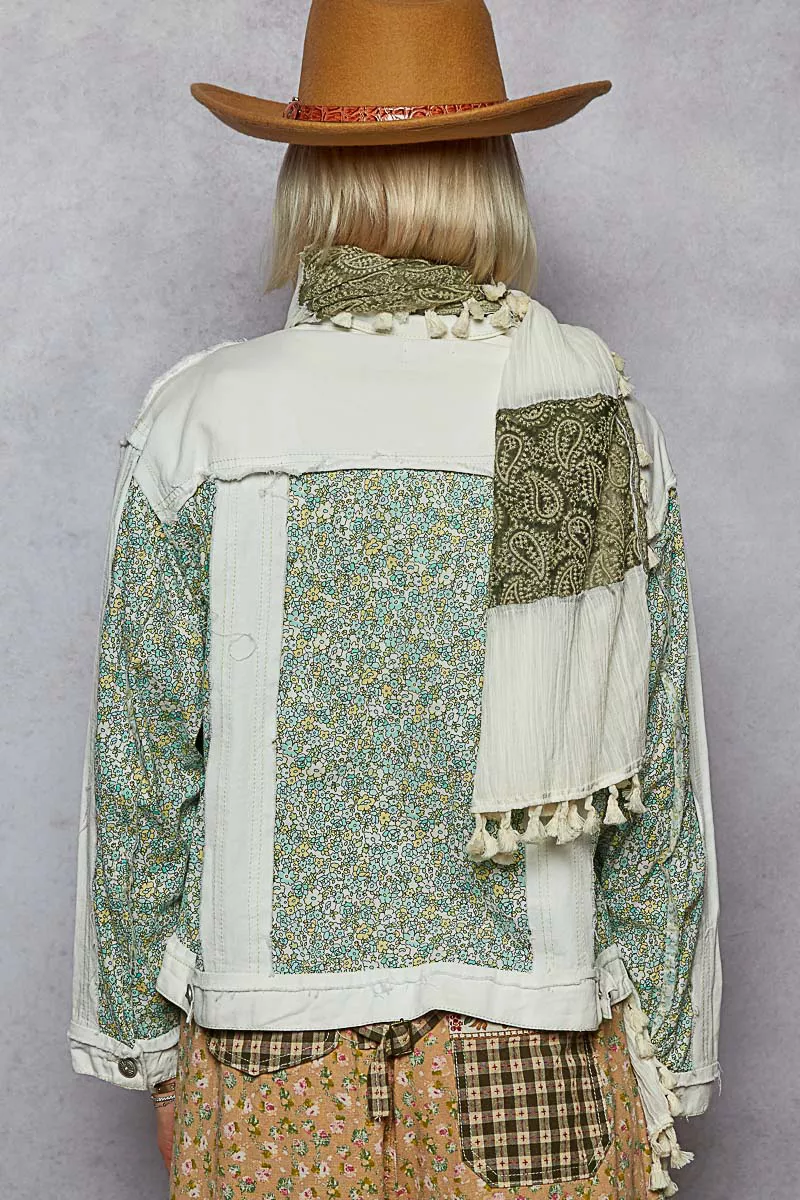 POL Button Down Patchwork Denim Jacket with Floral Print Details - Image 4