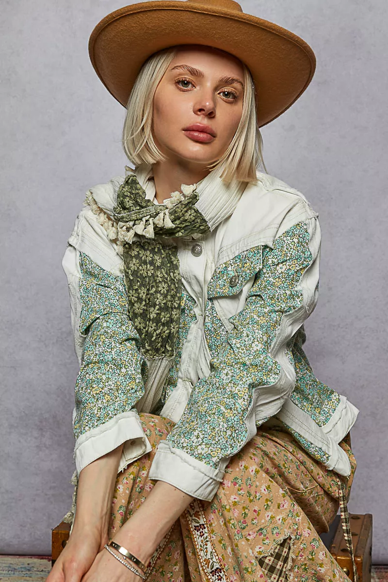 POL Button Down Patchwork Denim Jacket with Floral Print Details - Image 5