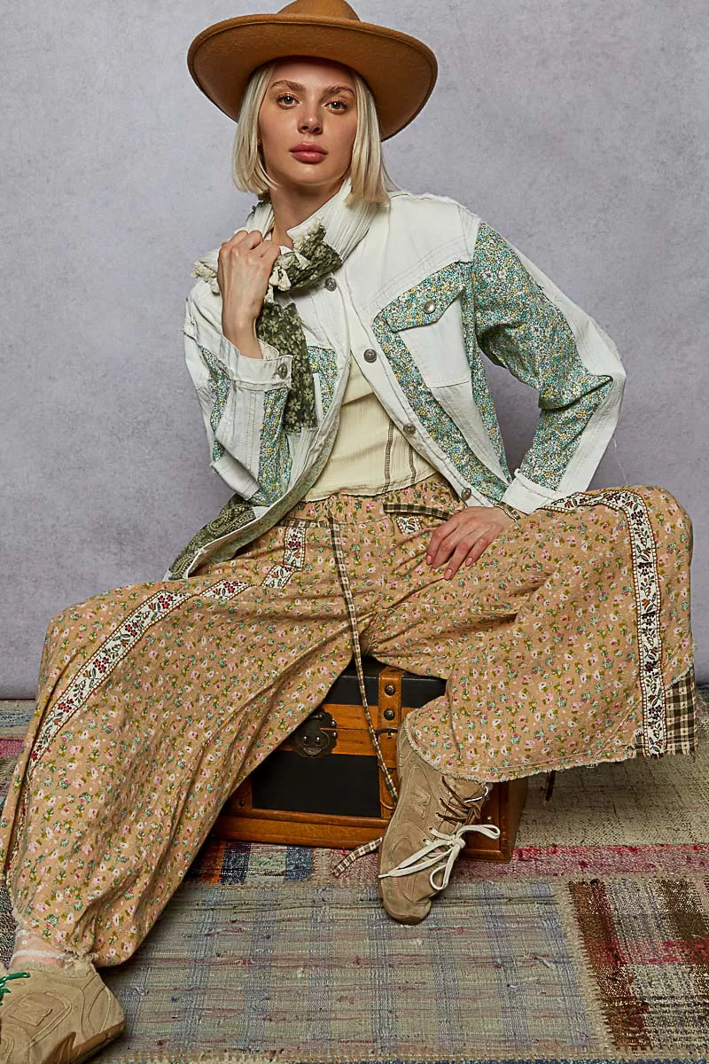 POL Button Down Patchwork Denim Jacket with Floral Print Details - Image 6