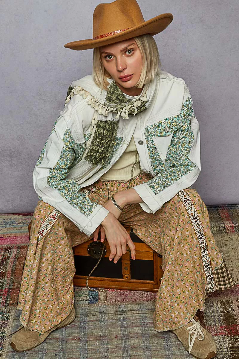 POL Button Down Patchwork Denim Jacket with Floral Print Details - Image 7