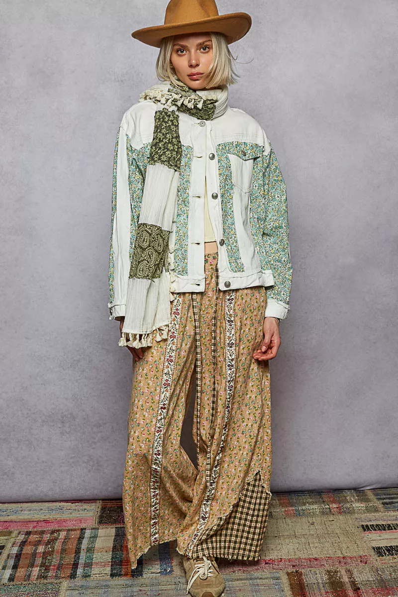 POL Button Down Patchwork Denim Jacket with Floral Print Details - Image 8