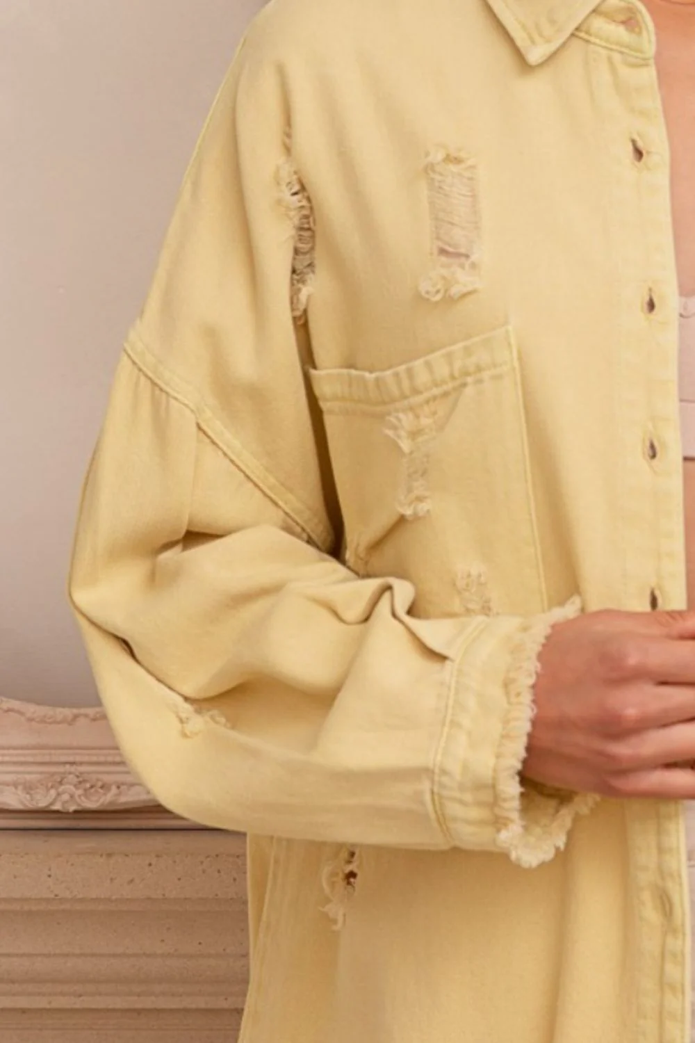 POL Button Down Raw Hem Distressed Jacket - Image 3