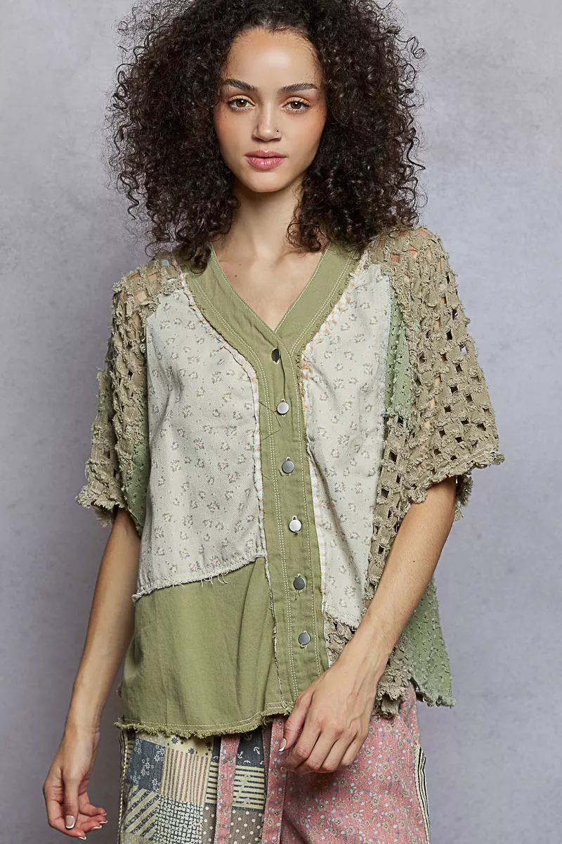 POL Button Down V-Neck Jacket with Printed Woven Patchwork