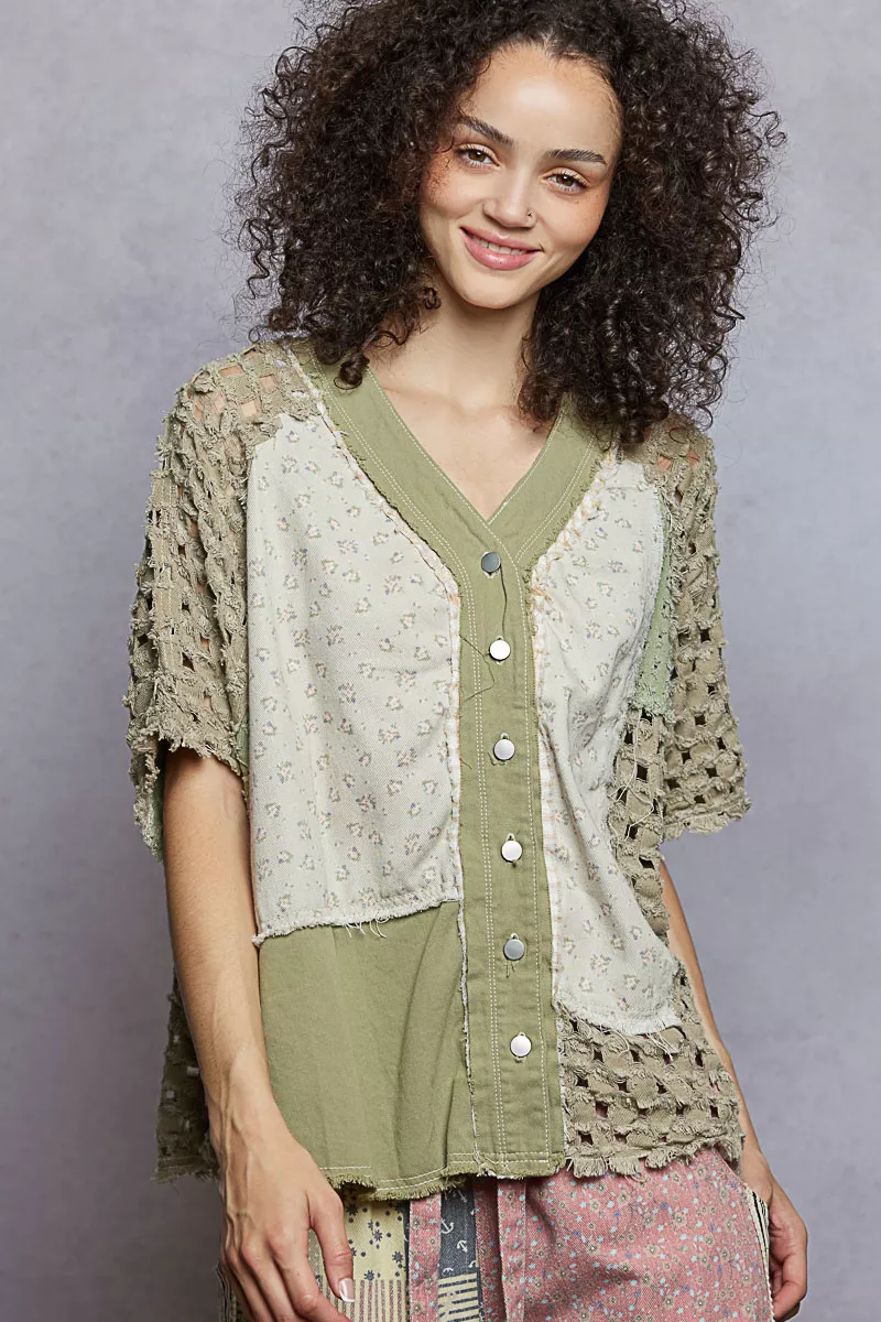 POL Button Down V-Neck Jacket with Printed Woven Patchwork - Image 2