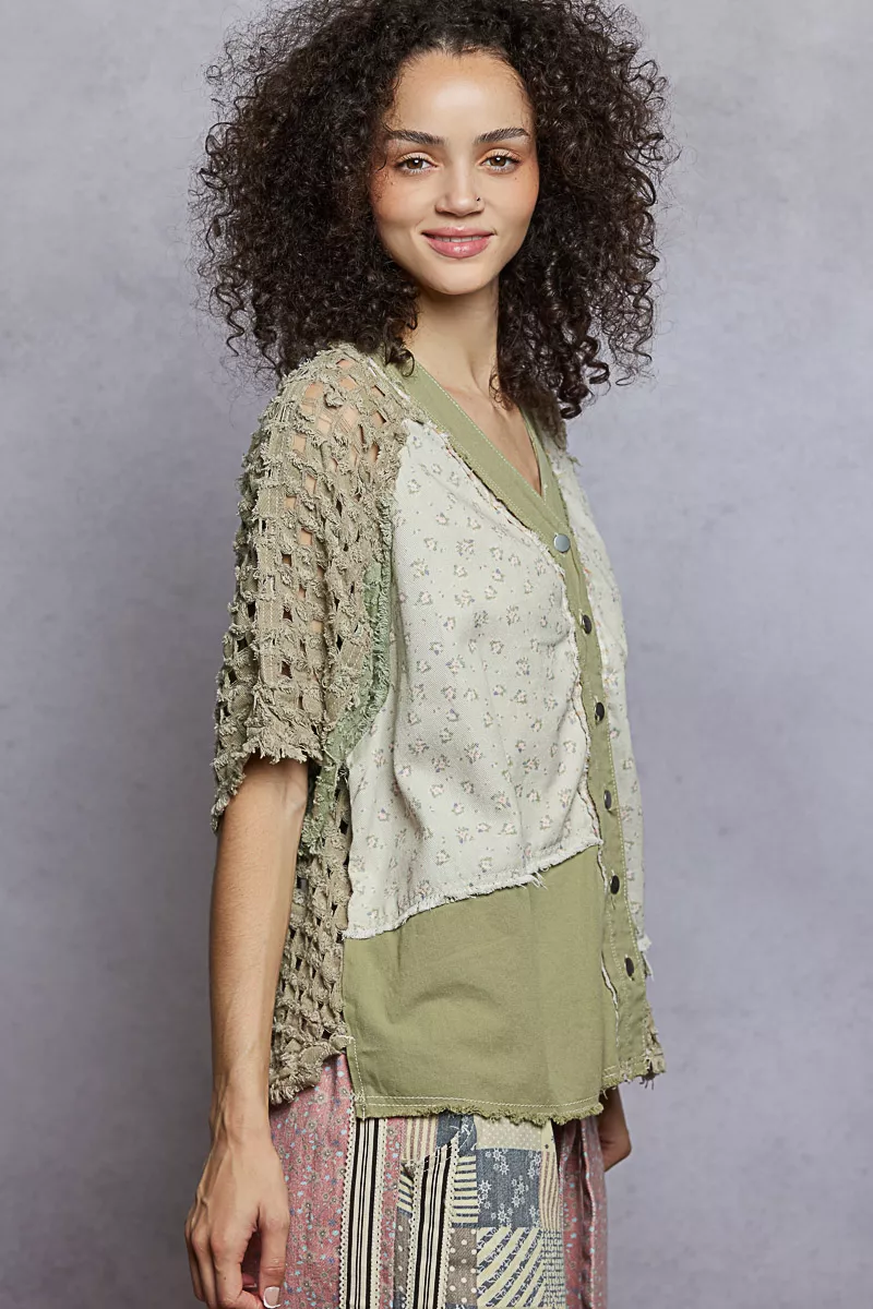 POL Button Down V-Neck Jacket with Printed Woven Patchwork - Image 3