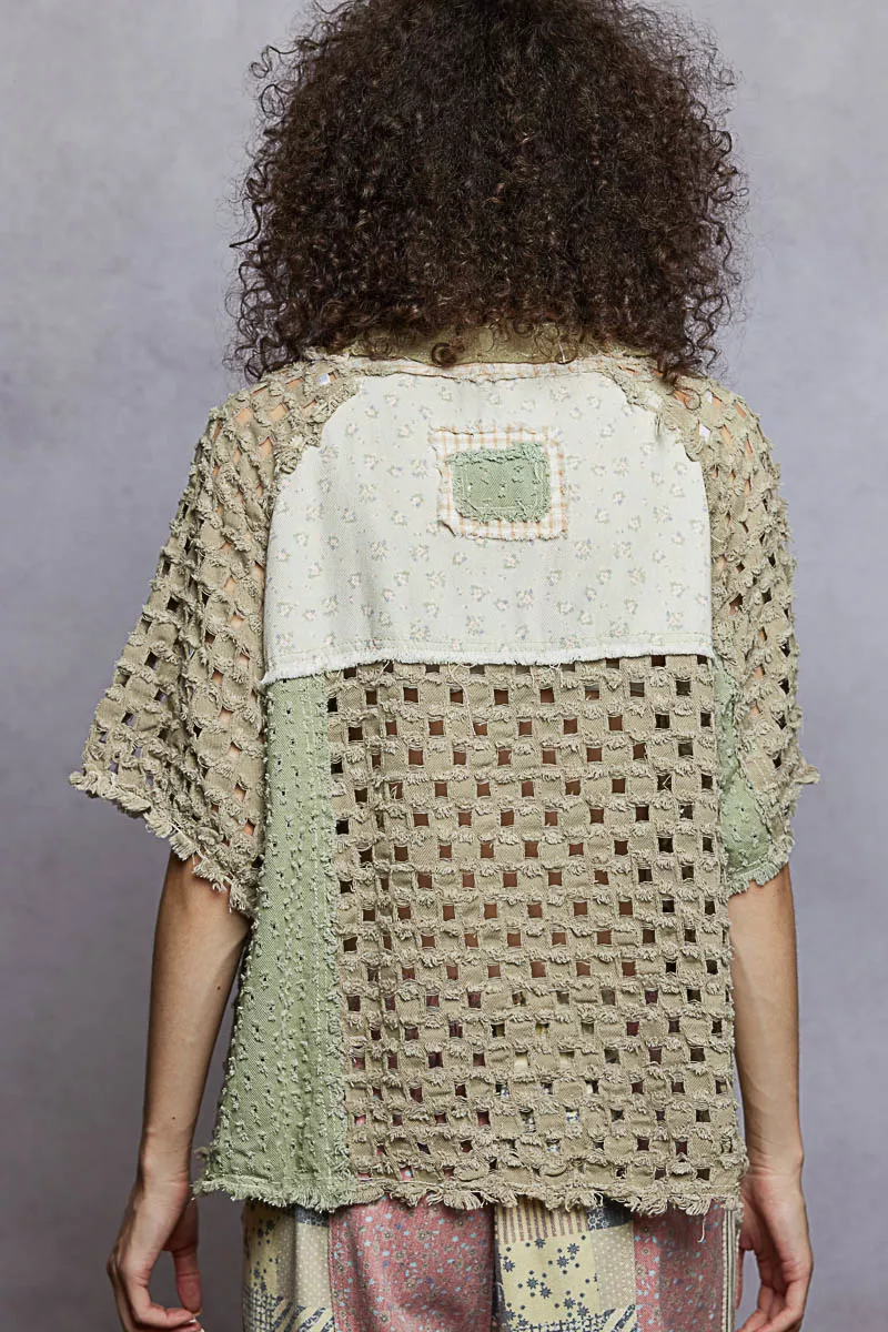 POL Button Down V-Neck Jacket with Printed Woven Patchwork - Image 4