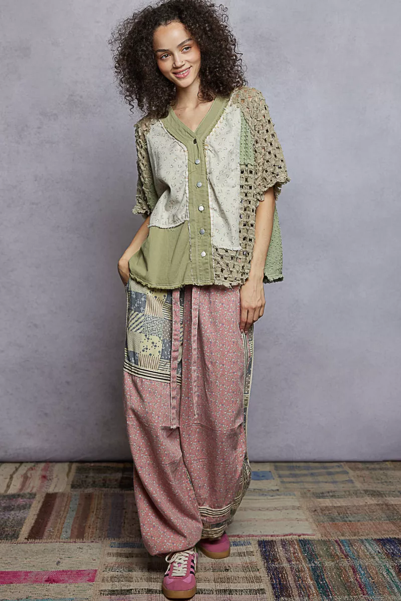 POL Button Down V-Neck Jacket with Printed Woven Patchwork - Image 5