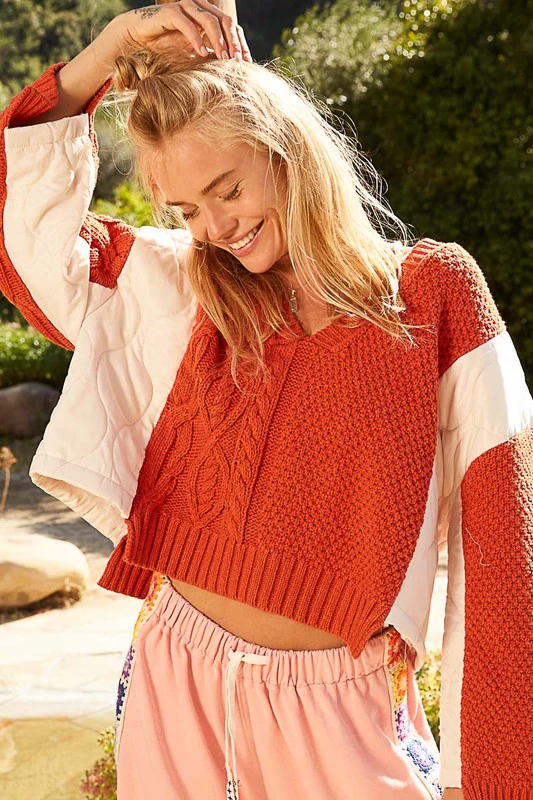POL Cable Knit Quilting Patch V-Neck Contrast Sweater - Image 2