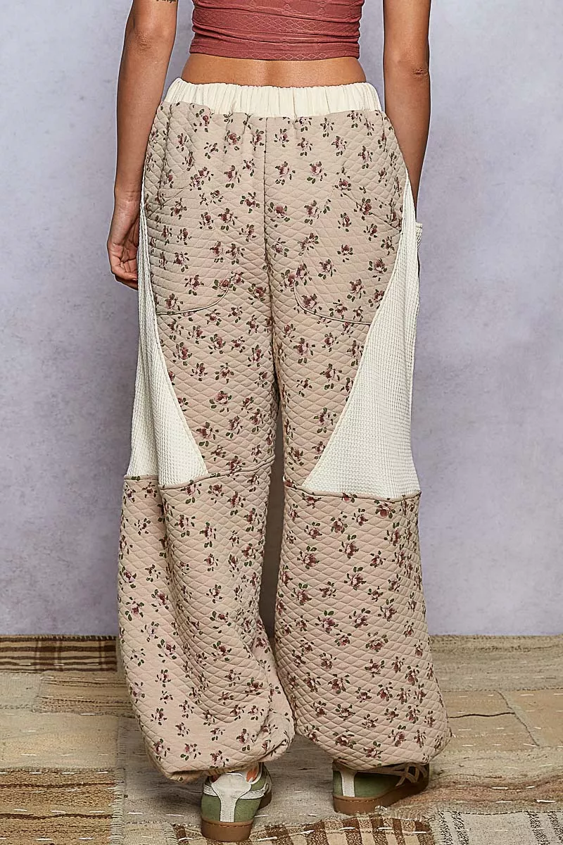 POL Drawstring Quilted Printed Knit Floral Pants with Double Gauze Patchwork - Image 3