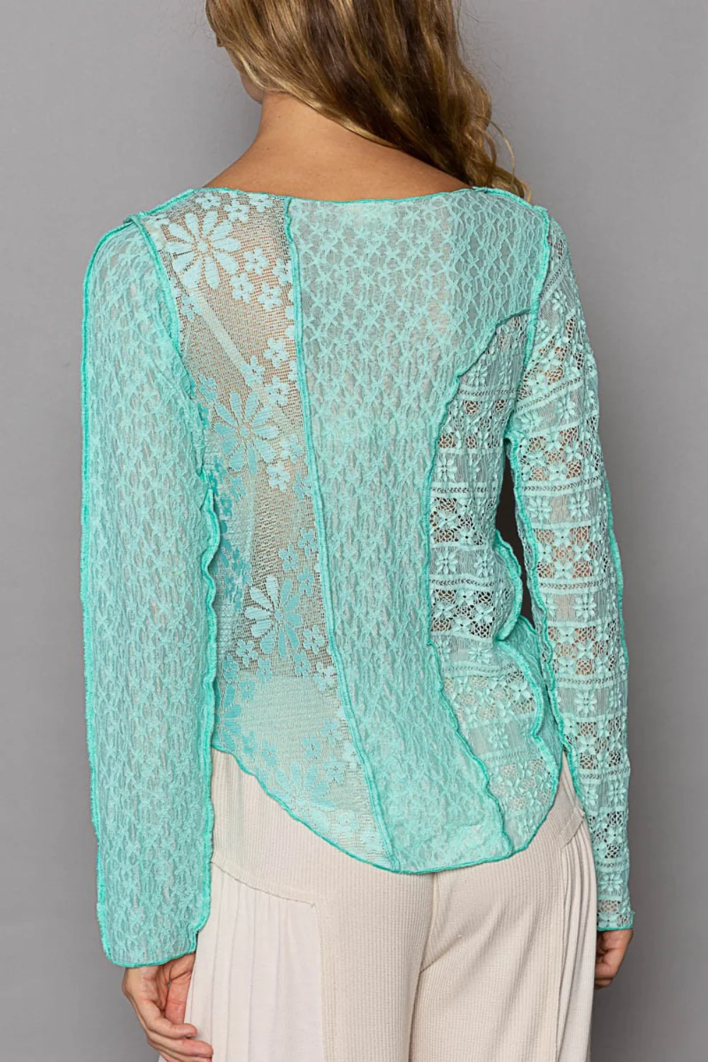 POL Exposed Seam Long Sleeve Lace Knit Top - Image 2