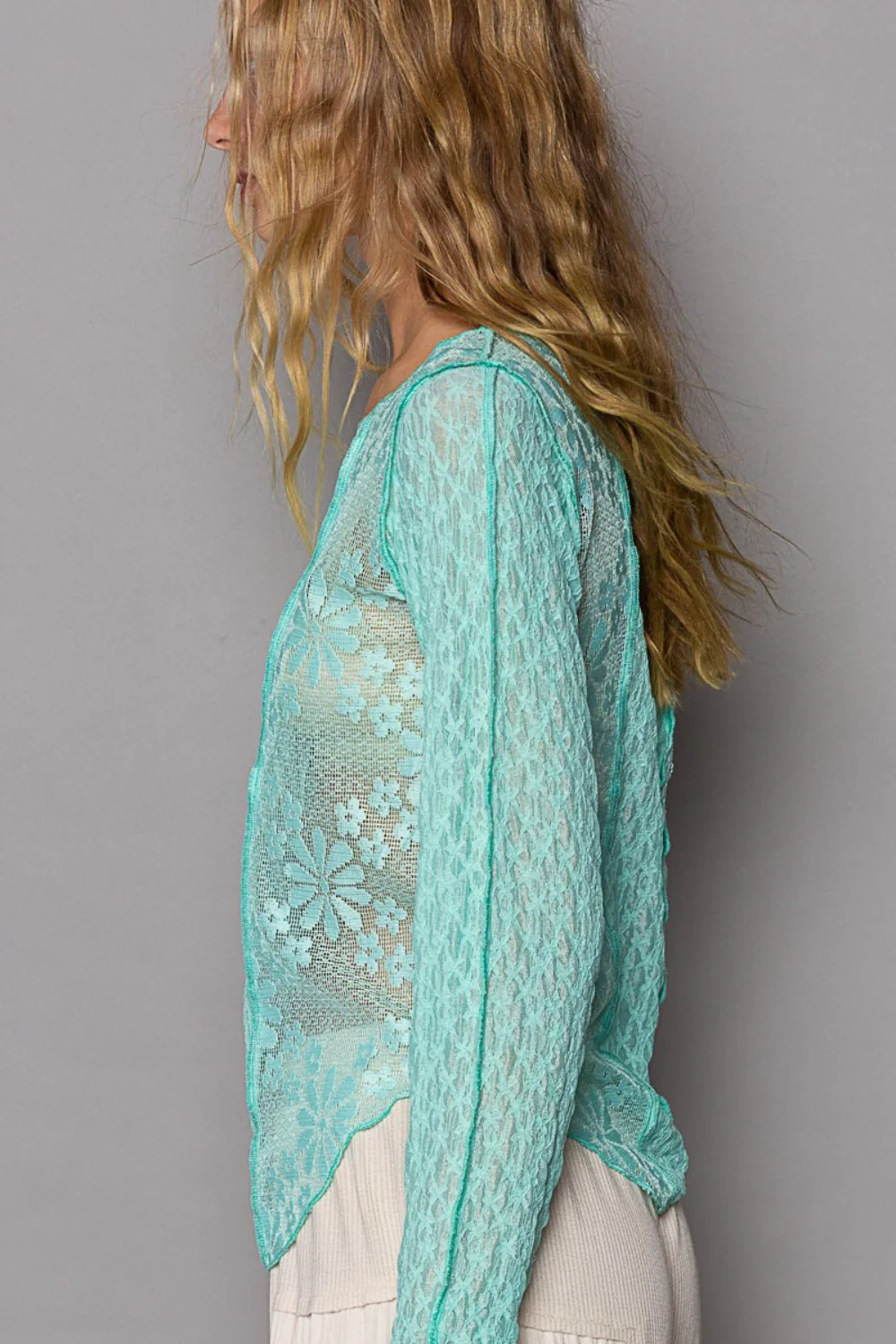 POL Exposed Seam Long Sleeve Lace Knit Top - Image 3