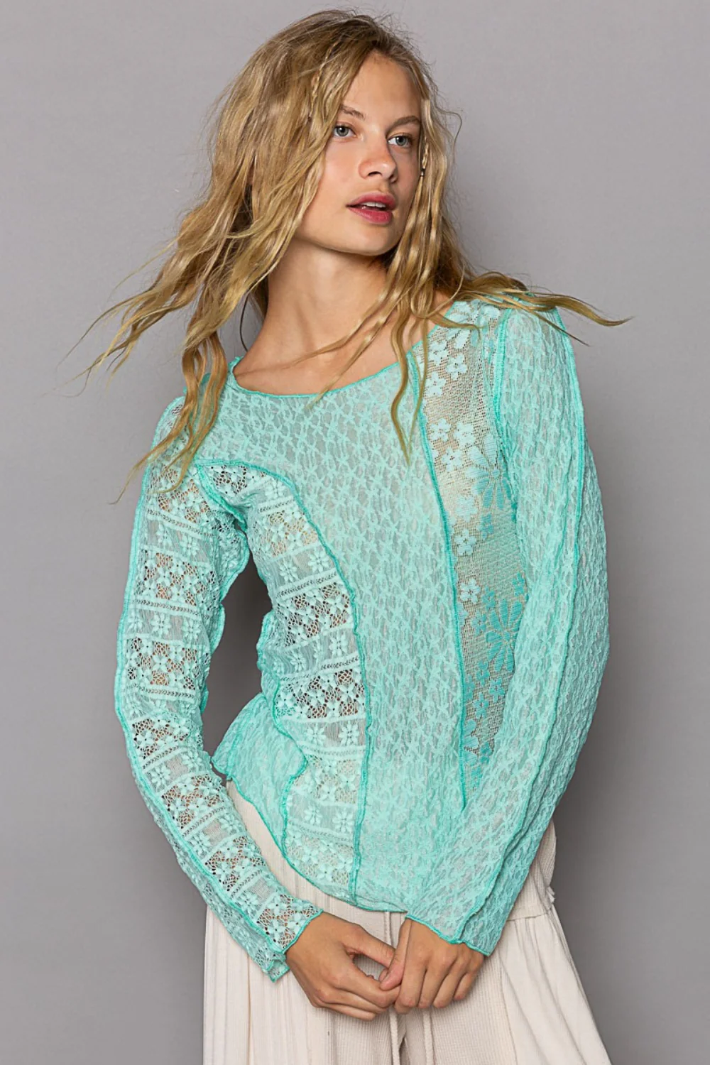 POL Exposed Seam Long Sleeve Lace Knit Top - Image 4