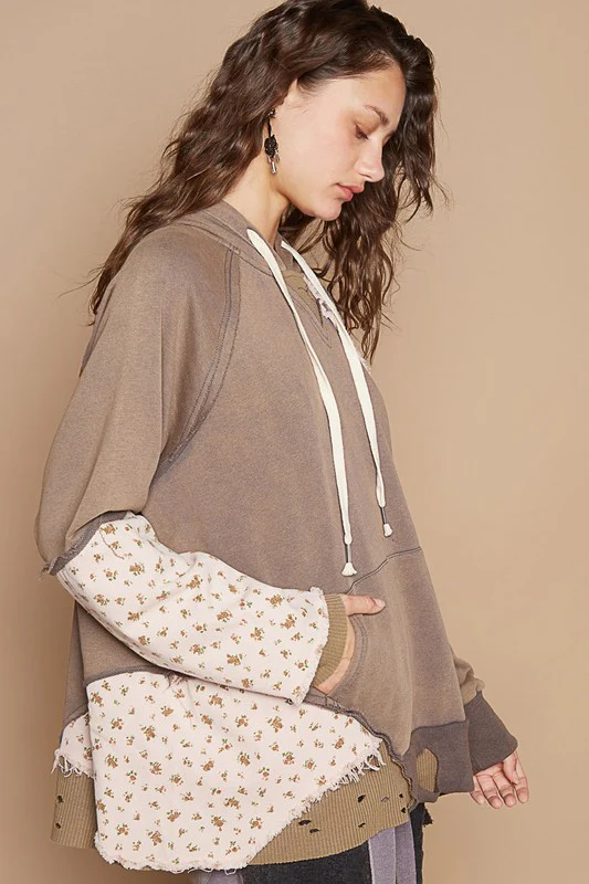 POL Floral Patchwork Distressed Drawstring Hoodie - Image 3