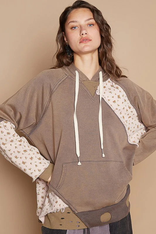 POL Floral Patchwork Distressed Drawstring Hoodie - Image 4